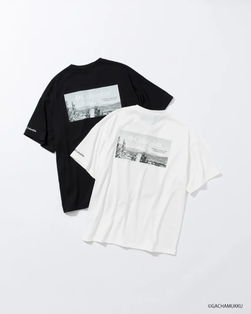 Rear view of black and white Columbia Tee displaying a monochrome scenic landscape graphic with Columbia branding and Mount Hood imagery across the back