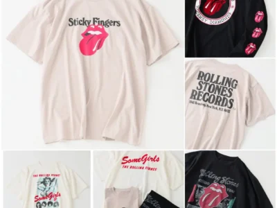 Collage showing multiple Rolling Stones graphic apparel pieces, including Sticky Fingers and Some Girls T-shirts, long-sleeve shirts, and sweatshirts in cream and black colorways with the iconic tongue logo, vintage album-inspired artwork, and Rolling Stones Records brand