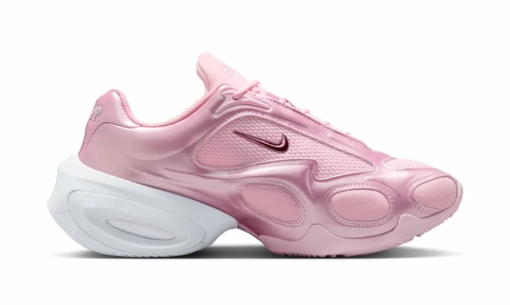Overhead view of the Air Max Muse pair featuring soft pink mesh panels, tonal laces, padded collar, and Air Max brand on the insole