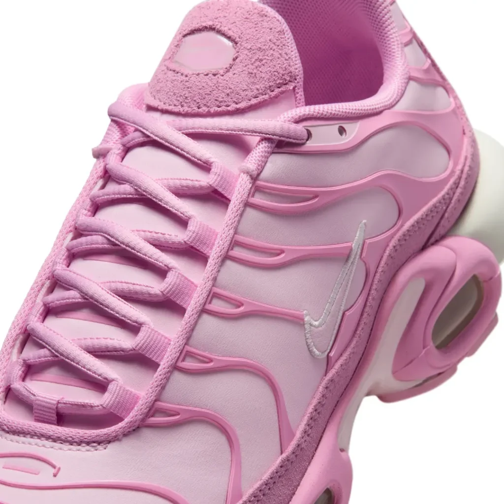 Close-up of the Air Max Plus upper showing tonal TPU cage overlays, suede tongue, embroidered Swoosh, and smooth synthetic panel