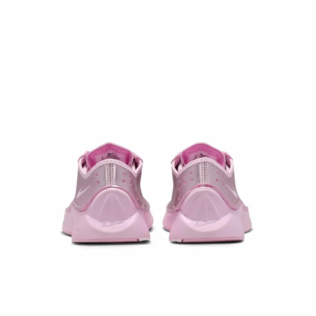 Rear view of the metallic pink Nike Air sneakers showing molded heel counters and tonal Nike brand