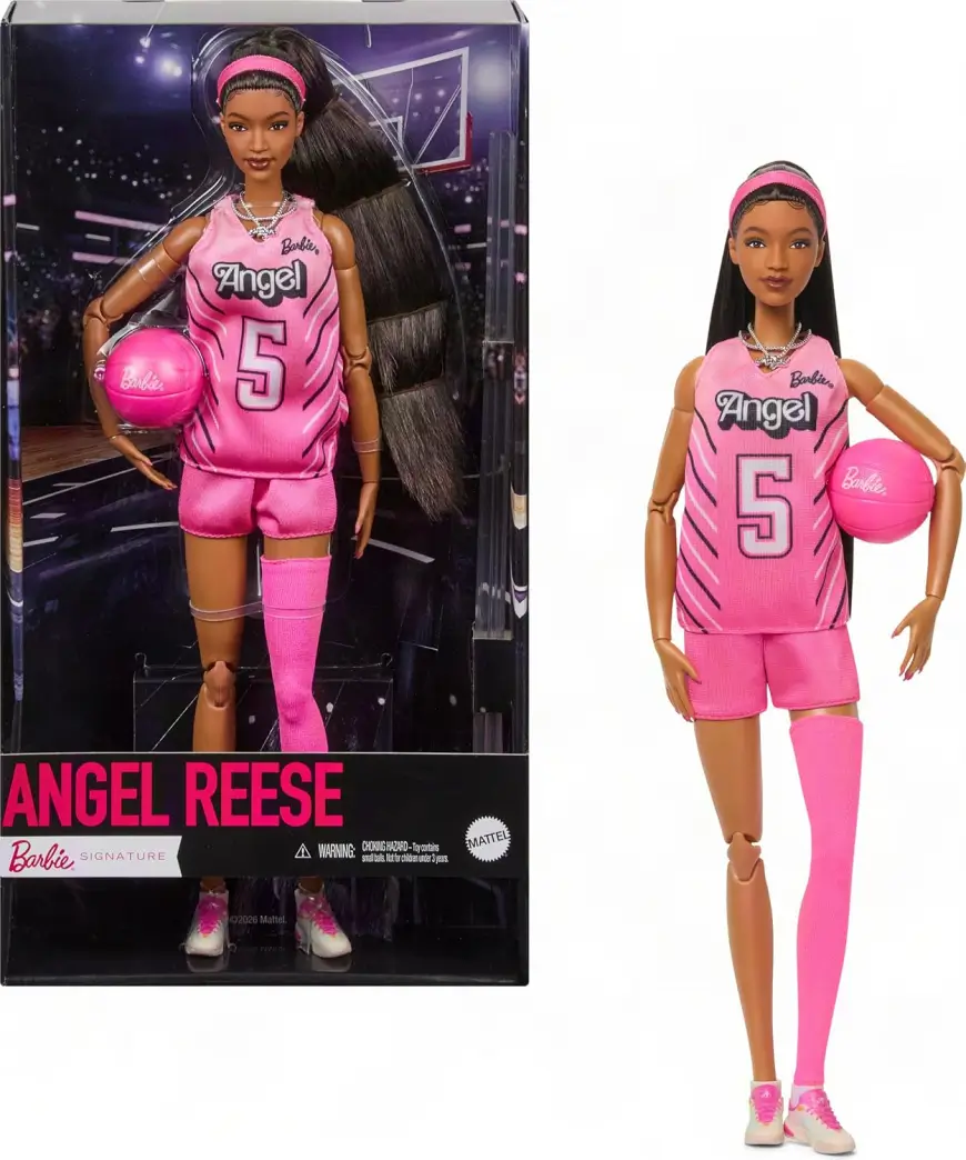 Barbie Signature Angel Reese doll shown inside its collector's box alongside the doll outside the packaging, dressed in a pink No. 5 basketball uniform with a matching headband, one pink leg sleeve, pink sneakers, layered jewelry, and a Barbie basketball.