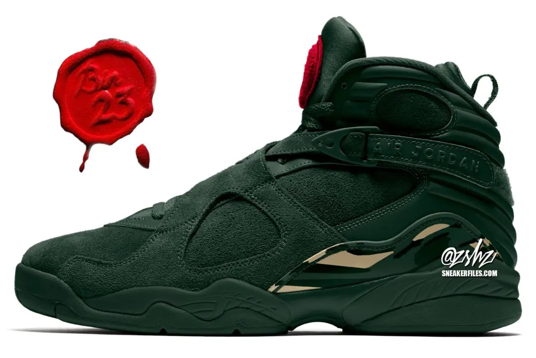 Air Jordan 8 x SoleFly collaboration sneaker in deep green suede with tonal overlays, metallic green hardware, sculpted midsole, and a red wax seal-inspired 'SF 25' logo displayed beside the shoe.