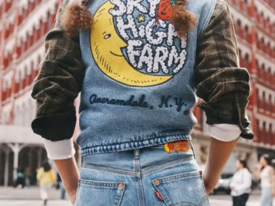 Back view of a model wearing a light-wash denim vest with plaid sleeves, featuring a large "Sky High Farm" moon-and-strawberry graphic across the back while standing on a New York City crosswalk