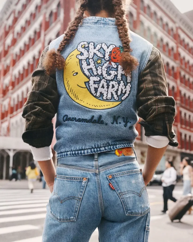 Back view of a model wearing a light-wash denim vest with plaid sleeves, featuring a large "Sky High Farm" moon-and-strawberry graphic across the back while standing on a New York City crosswalk