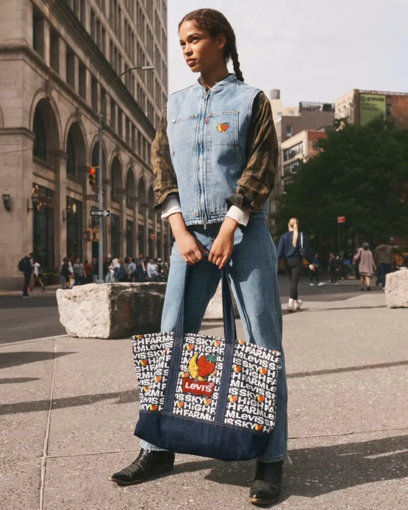 Full-body street portrait of a model wearing a sleeveless light-wash denim vest, wide-leg jeans, and carrying an oversized Levi's x Sky High Farm denim tote with bold graphic panel