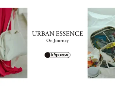 Promotional collage featuring LeSportsac's "Urban Essence On Journey" campaign with white travel bags, organized packing accessories, and minimalist brand