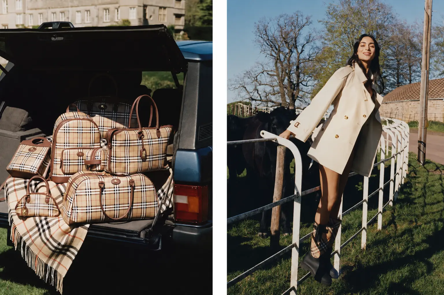 Luxury campaign featuring a heritage check luggage collection displayed in an SUV alongside a model wearing a cream trench coat and check rain boots in a countryside setting.