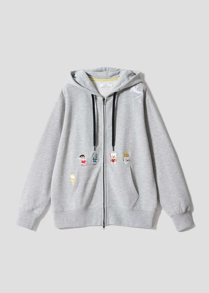 Light gray zip-up hoodie embroidered with miniature GeGeGe no Kitarō characters across the front and a ghost motif near the shoulder