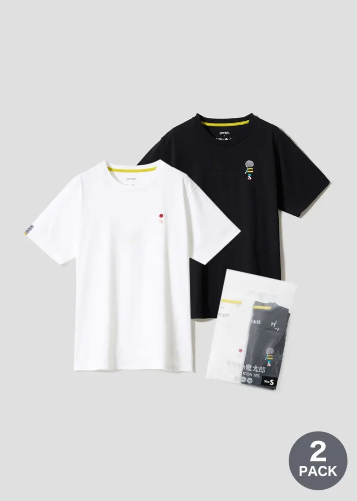 White and black GeGeGe no Kitarō icon Tee packaged as a two-pack, each featuring a small embroidered character graphic on the chest