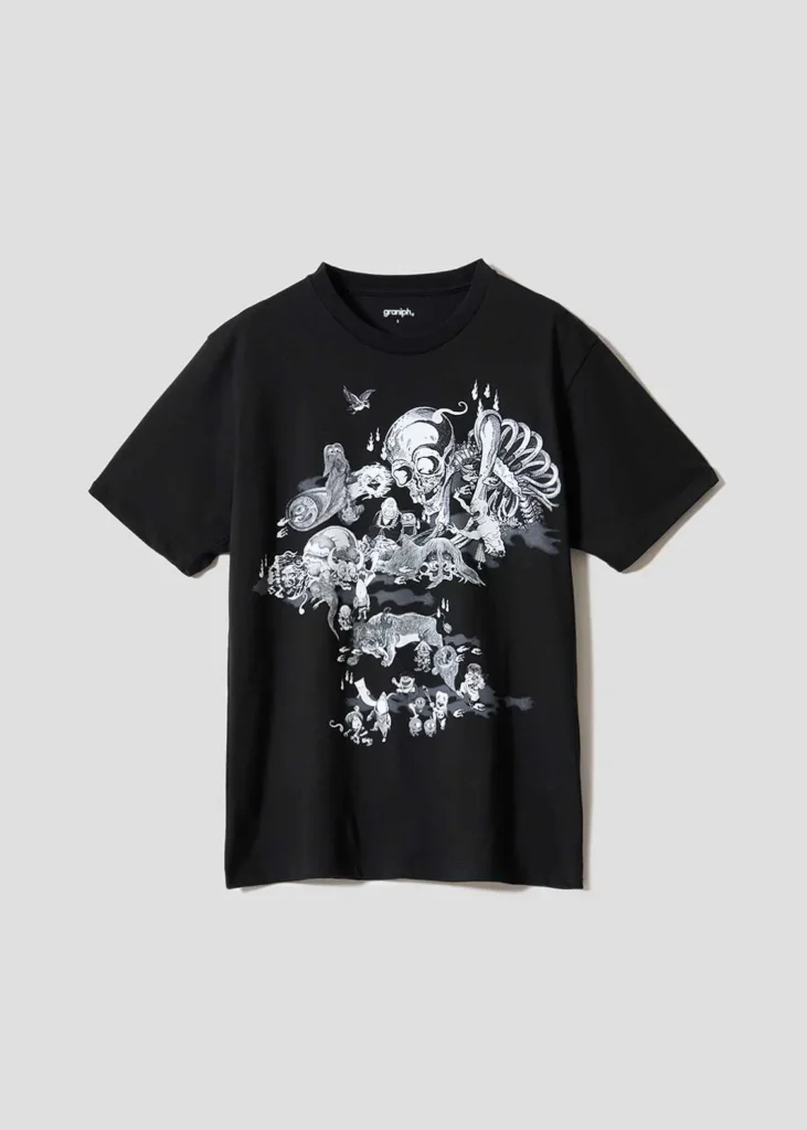 Black short-sleeve Tee featuring a large monochrome collage of GeGeGe no Kitarō yokai, skeletons, ghosts, and supernatural creatures across the front