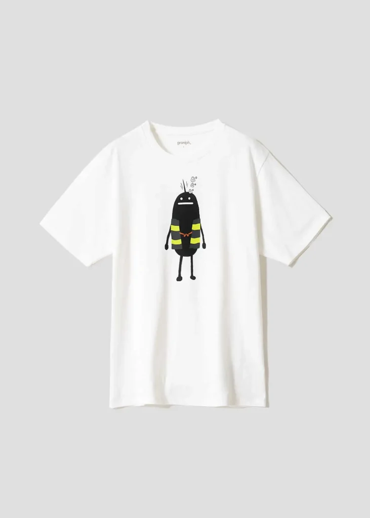 White crewneck Tee with a minimalist front print of a small black mascot character wearing Kitarō-inspired striped clothing