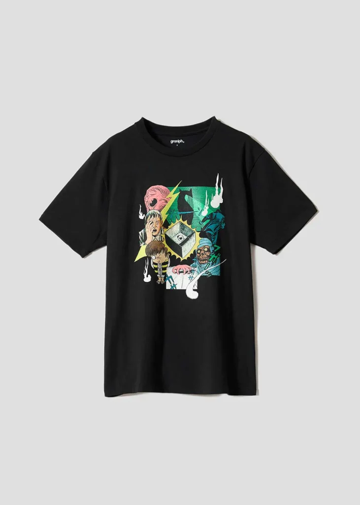 Black crewneck Tee with a colorful manga-style collage featuring Kitarō characters, an eyeball motif, lightning, and supernatural imagery