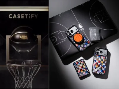 Split promotional graphic for the Casetify x NBA collection. Left panel shows a black-and-gold NBA basketball suspended above a hoop and net against a dark backdrop with the Casetify logo. Right panel shows an overhead flat-lay of a black NBA-branded court-print laptop sleeve, an iPhone case with a basketball-textured MagSafe grip, a black card holder, and two phone cases covered in a colorful checkerboard pattern of team logos