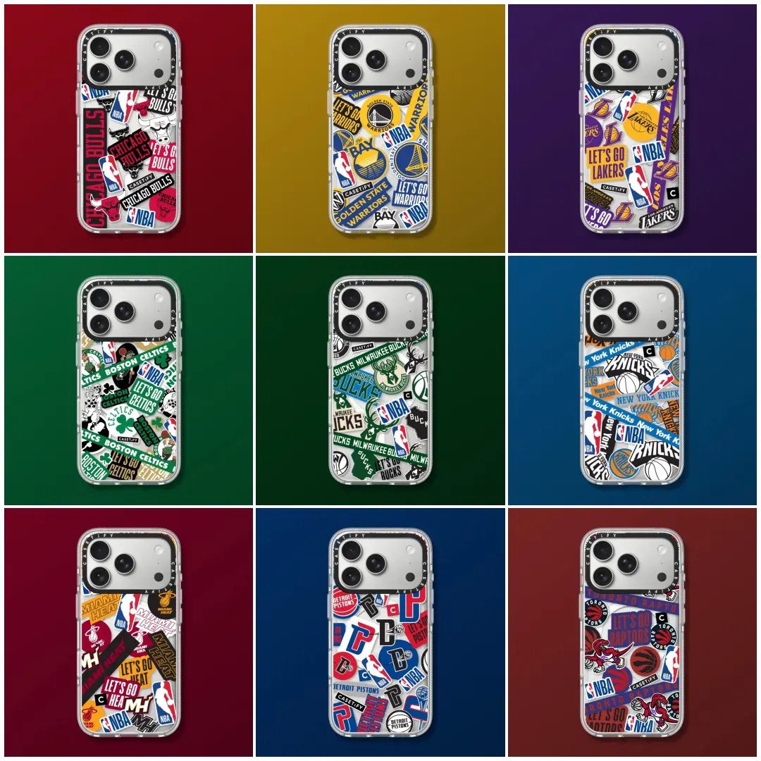 Nine CASETiFY NBA sticker-style phone cases featuring Chicago Bulls, Golden State Warriors, Los Angeles Lakers, Boston Celtics, Milwaukee Bucks, New York Knicks, Miami Heat, Detroit Pistons, and Toronto Raptors designs.