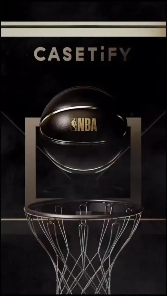 Vertical promotional graphic showing a black-and-gold NBA basketball suspended above a hoop and net, with the Casetify logo above it against a dark background