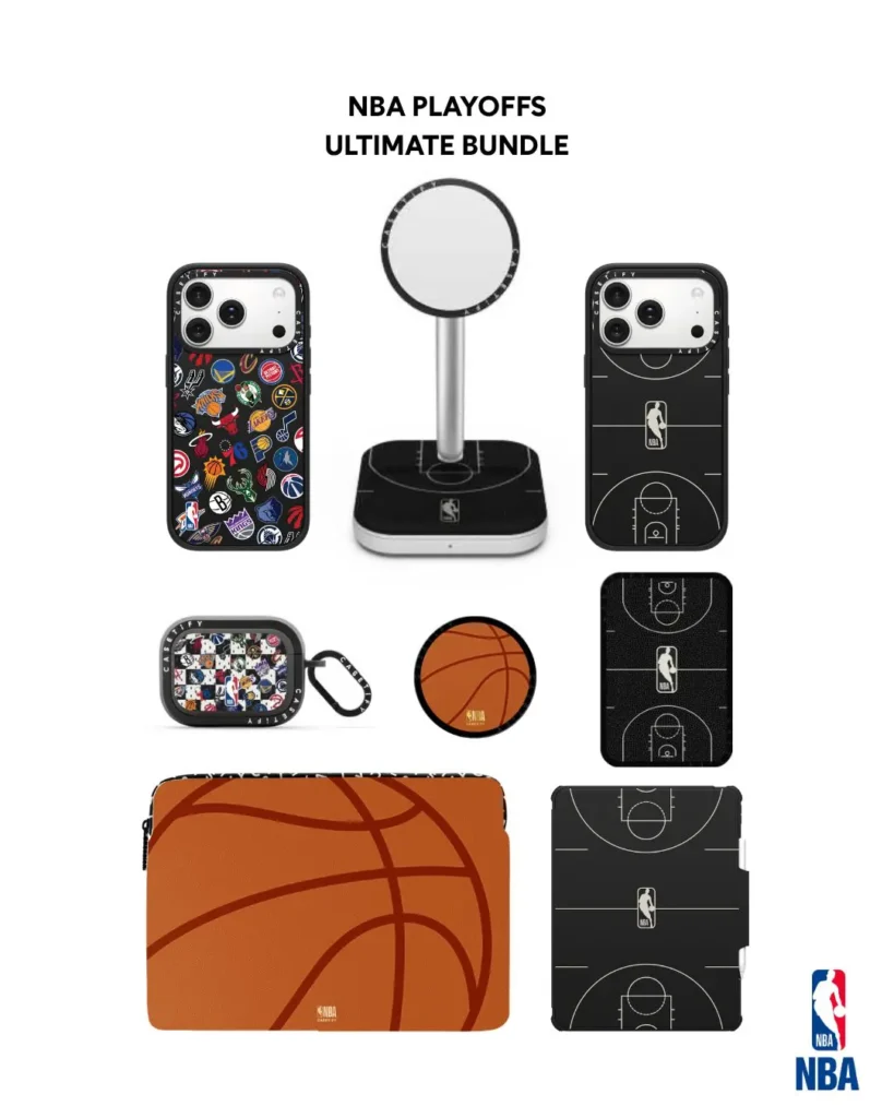 Product bundle graphic titled "NBA Playoffs Ultimate Bundle" displaying a full accessory set: a checkerboard team-logo phone case, a MagSafe charging stand with basketball-textured base, a court-print phone case, a checkerboard AirPods case, a round basketball-textured MagSafe grip, a small court-print pouch, an orange basketball-textured laptop sleeve, and a court-print iPad case, all branded with the NBA logo