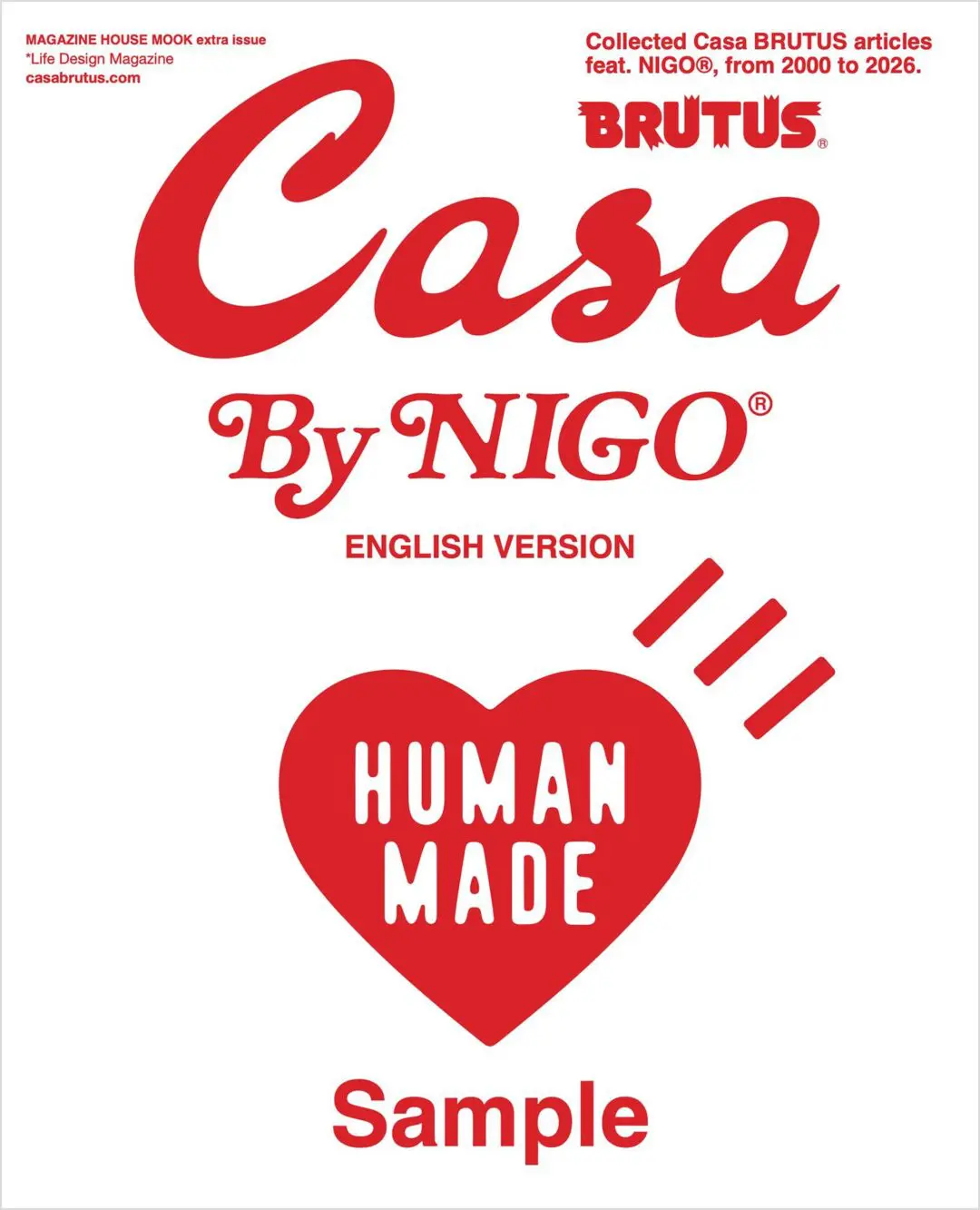Casa by NIGO Special English Version sample cover featuring the Human Made heart logo beneath the Casa BRUTUS masthead with bold red typography on a clean white background.