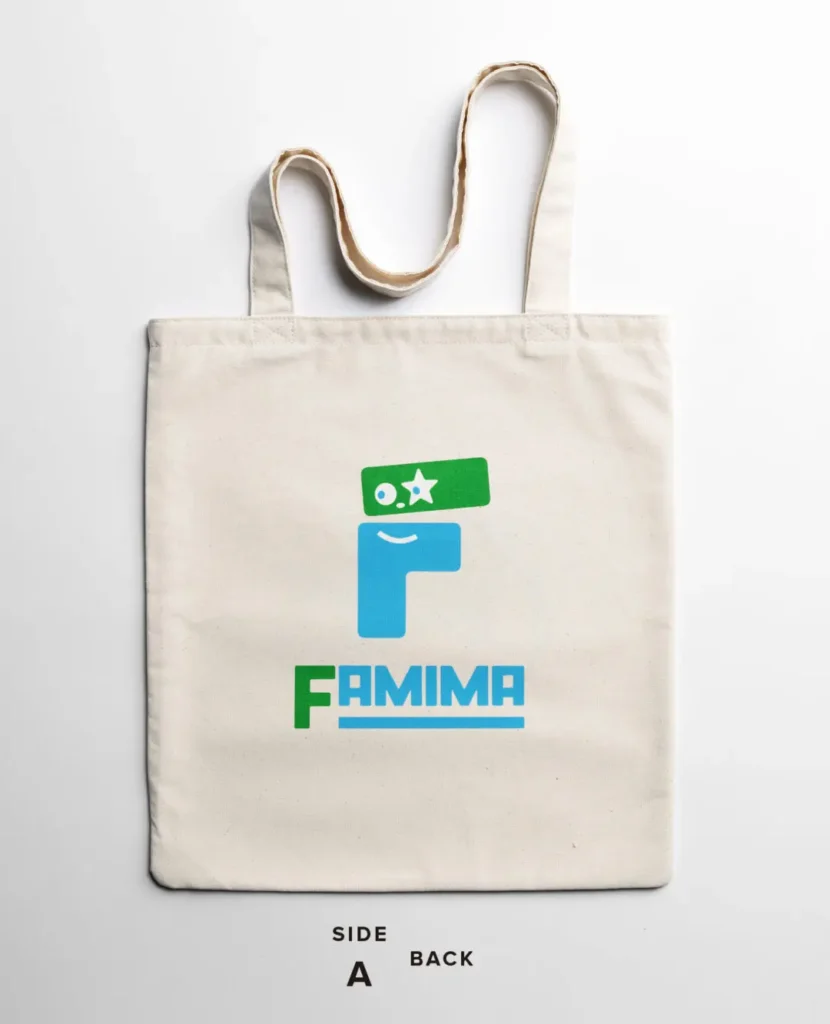 Natural canvas tote bag displaying the blue and green Famima logo prominently on one side with clean minimalist construction and long shoulder strap