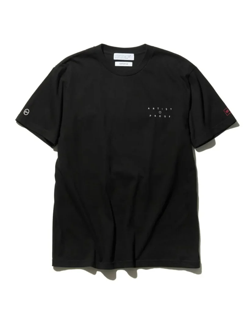 Front view of the black collision Tee with minimalist "ARTIST PROOF" chest brand and branded sleeve detail