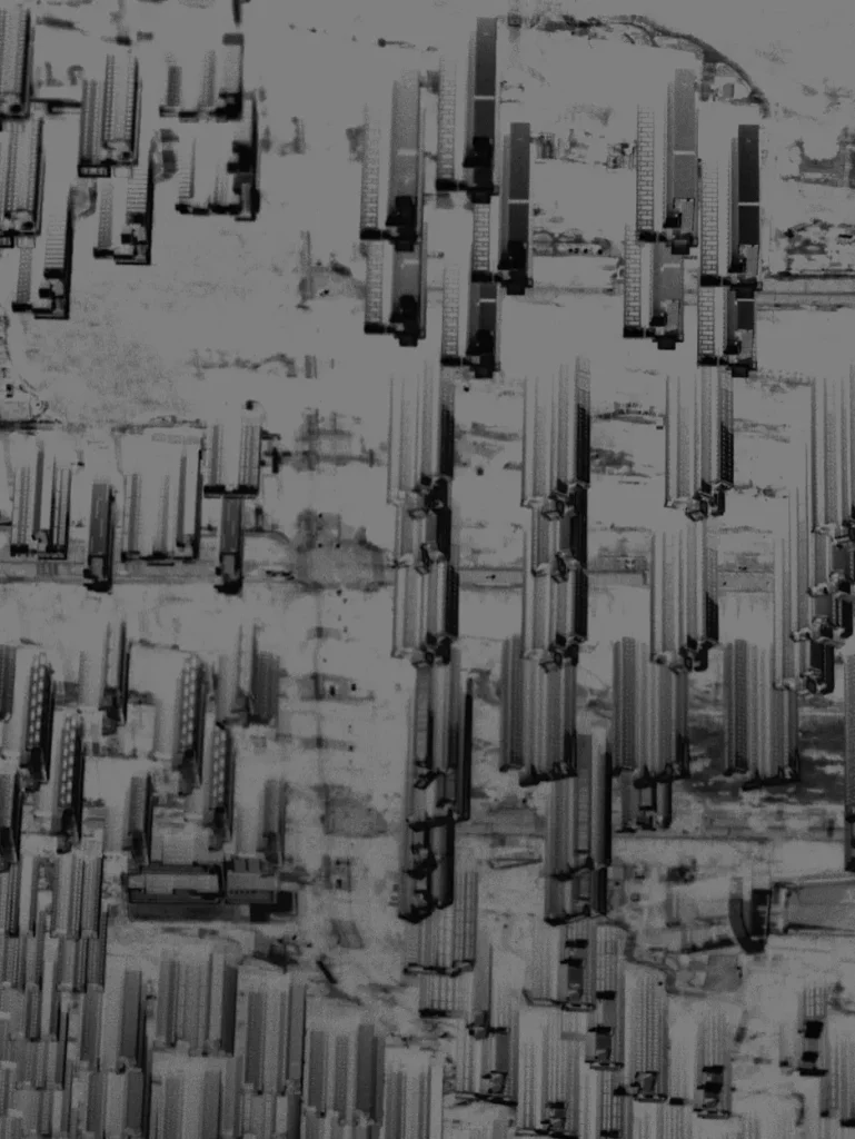 Black-and-white abstract industrial artwork composed of layered architectural and mechanical form