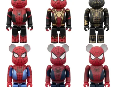 Six Spider-Man BE@RBRICK figures displayed in a grid, featuring designs inspired by the Spider-Man suit, Iron Spider armor, black-and-gold suit, integrated suit, classic red-and-blue suit, and red-and-black suit from the Spider-Man film series