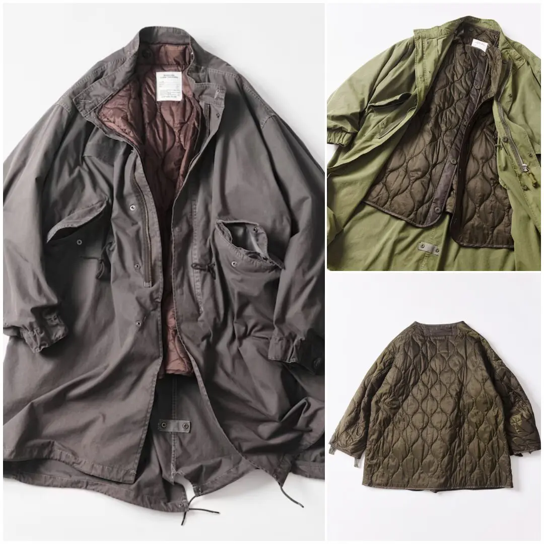 Composite product image showcasing a military-inspired fishtail parka in charcoal gray and olive green with a removable quilted liner. The layout highlights the oversized shell, detachable insulated liner, interior construction, and rear view of the lightweight quilted jacket.