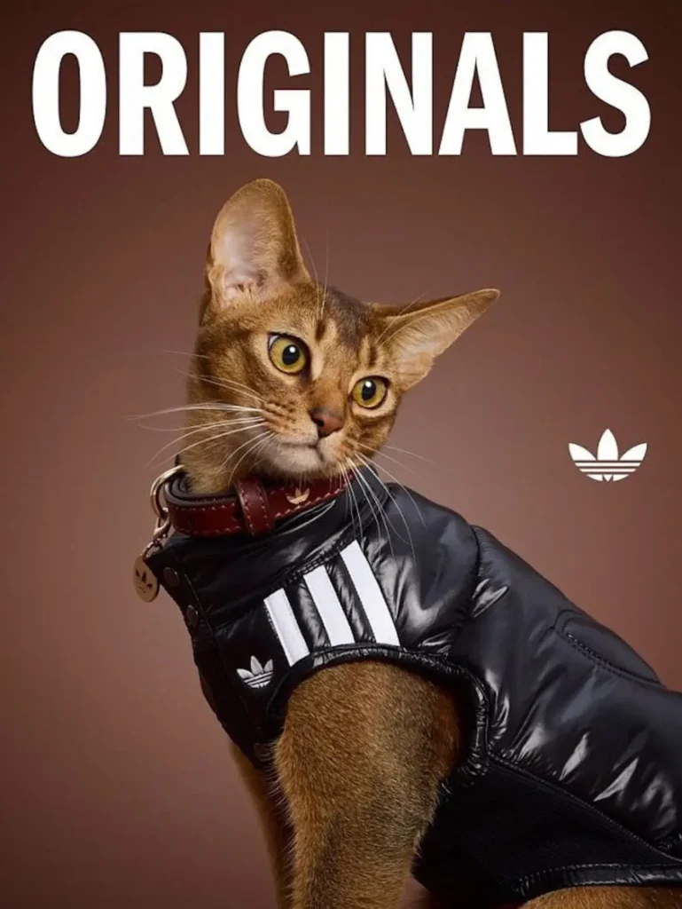 Brown Abyssinian cat wearing a black adidas Originals quilted vest with white three-stripe detailing, posed in profile against a warm brown background