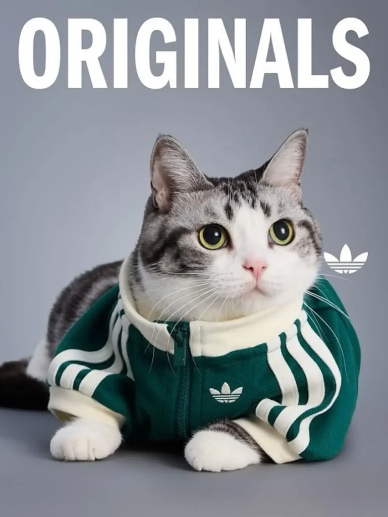 Gray and white tabby cat wearing a green adidas Originals zip-up track jacket with white three-stripe sleeves, resting against a light gray studio backdrop