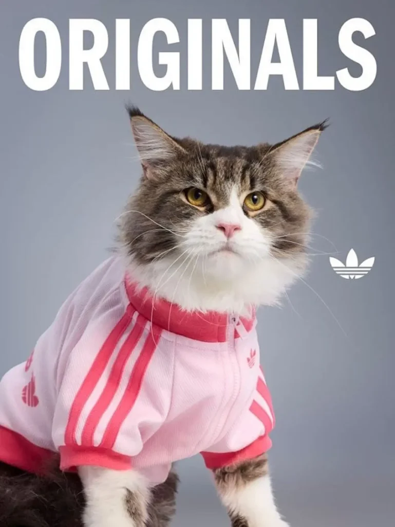 Long-haired tabby cat wearing a pastel pink adidas Originals track jacket with darker pink trim and signature three stripes, looking directly at the camera