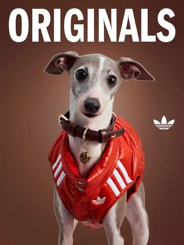 Italian Greyhound wearing a bright red quilted adidas Originals puffer vest with white three-stripe accents and a brown leather collar, facing the camera