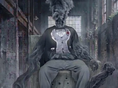 Surreal promotional artwork of a seated figure in a distressed tuxedo whose head and arms dissolve into thick black smoke inside an abandoned industrial building, with red DOUBLET branding and Japanese release text at the bottom