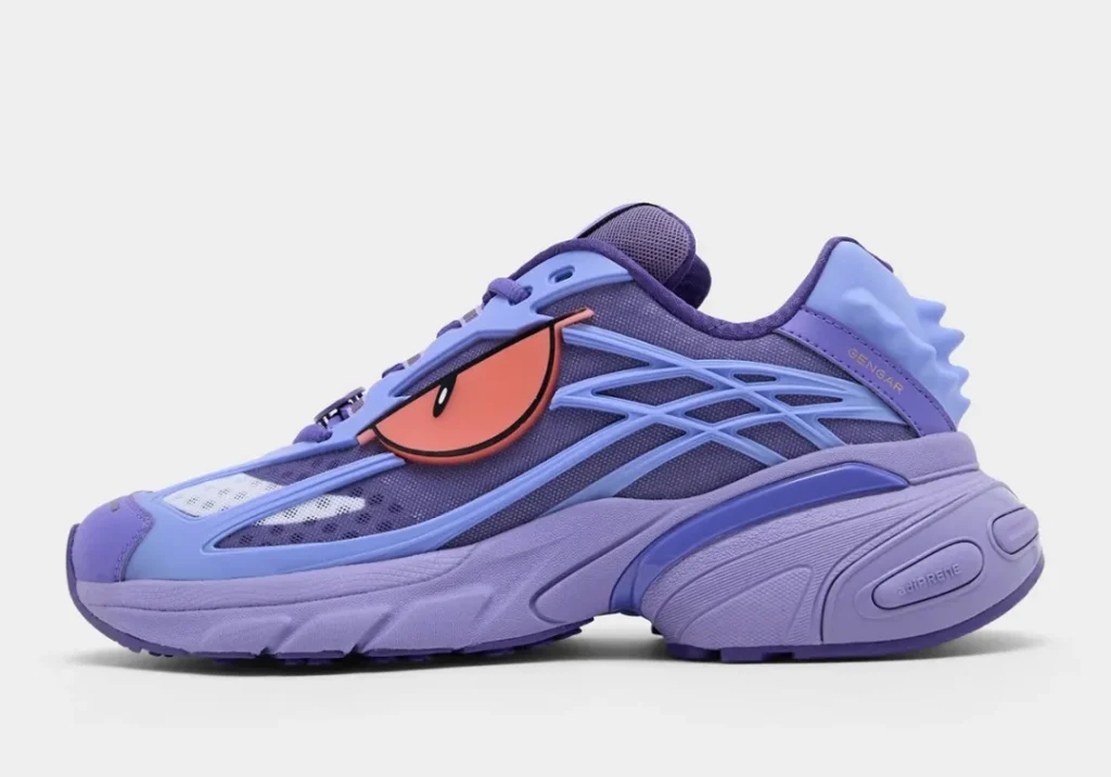 Purple Gengar-inspired adidas performance shoe featuring layered mesh construction, oversized Gengar eye graphic, and sculpted cushioned midsole