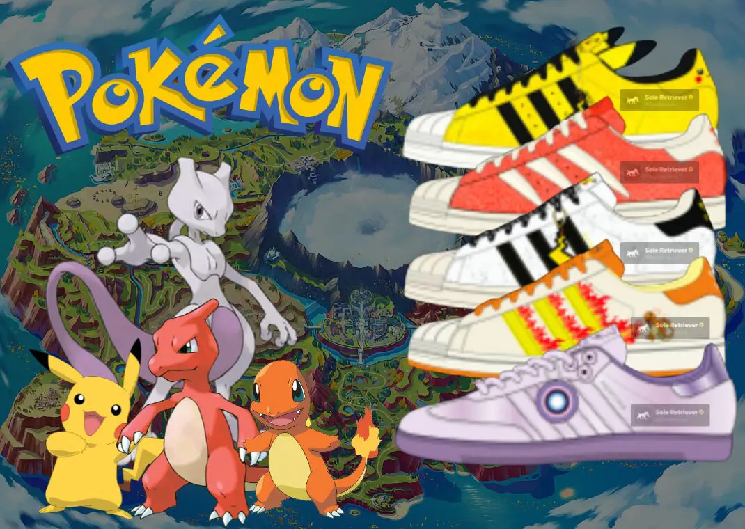Promotional collage showcasing Pokémon-inspired adidas sneaker concepts alongside Pikachu, Charmander, Charmeleon, and Mewtwo against a Pokémon world map, featuring multiple colorful designs based on iconic Pokémon characters.