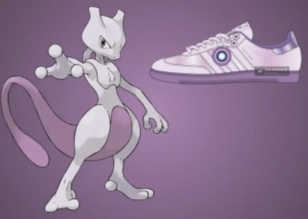 Concept artwork featuring Mewtwo beside a lavender adidas sneaker inspired by the Legendary Pokémon, pairing soft purple tones with minimalist styling against a matching violet background.