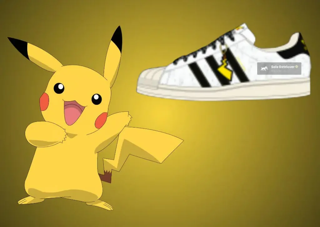 Pikachu posed beside a yellow adidas Superstar Low concept with black Three Stripes and lightning-inspired graphic