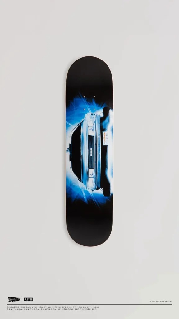 Black skateboard deck featuring the front view of the DeLorean surrounded by glowing blue energy inspired by Back to the Future