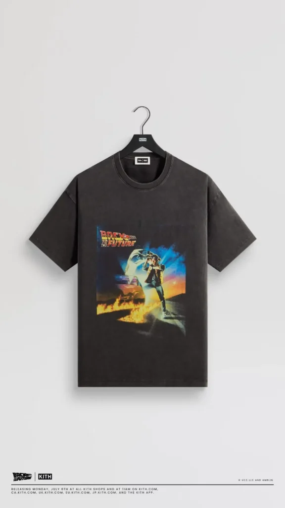 Vintage black Kith Tee featuring Marty McFly standing beside the DeLorean with blazing tire tracks and classic Back to the Future artwork