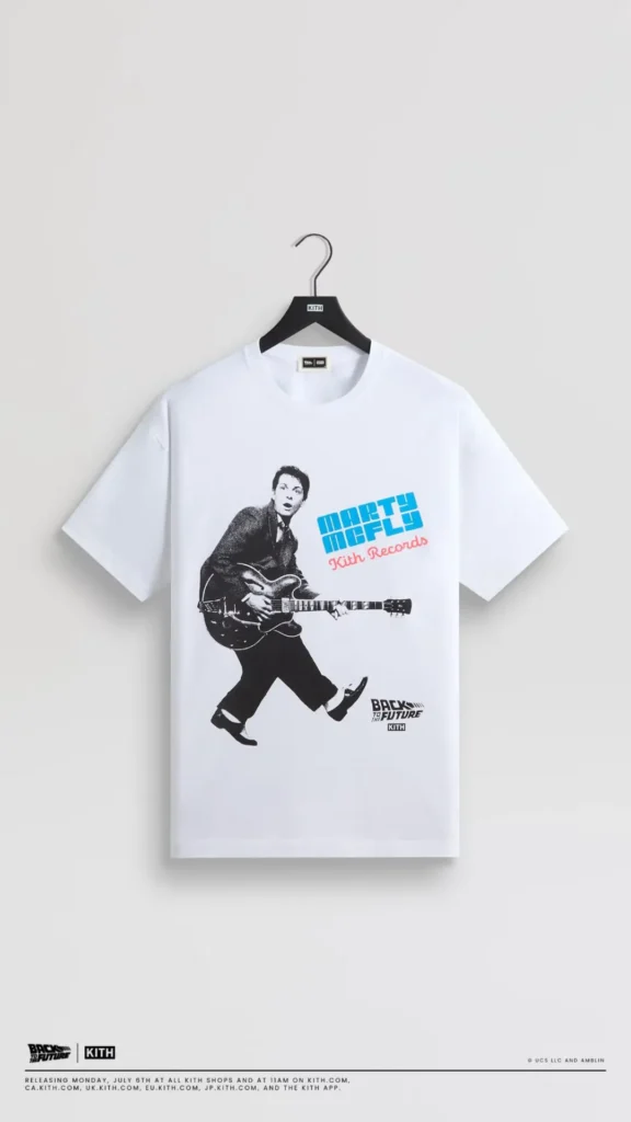 White Kith Tee featuring Marty McFly playing guitar with "Marty McFly Kith Records" graphic and Back to the Future brand