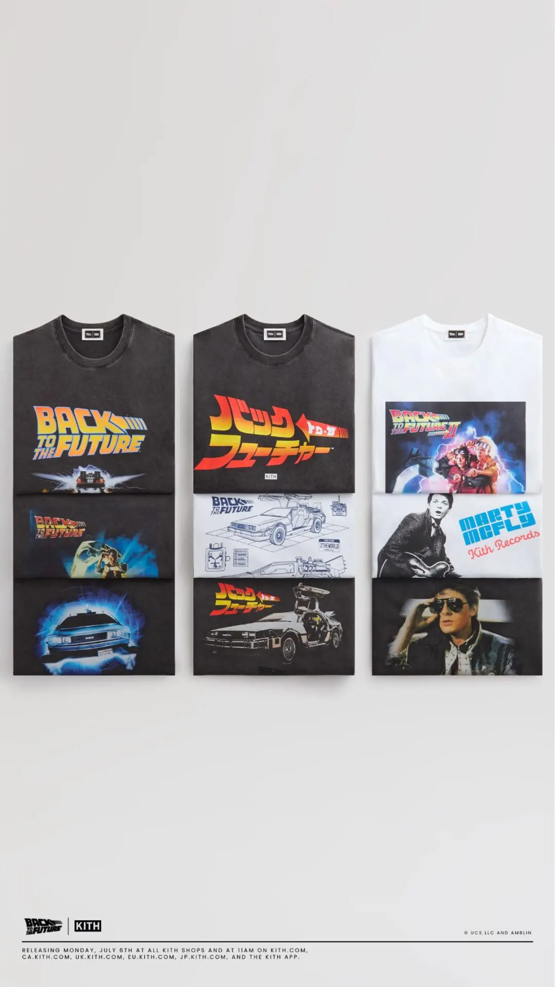 Back to the Future x Kith apparel collection featuring graphic T-shirts with classic movie artwork, Japanese logo prints, DeLorean illustrations, Marty McFly graphics, and film-inspired designs.