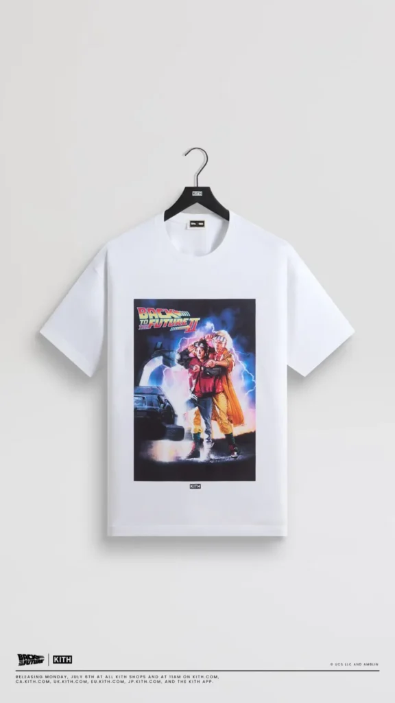 White Kith Tee featuring Back to the Future Part II artwork with Marty McFly, Doc Brown, the DeLorean, and lightning effect