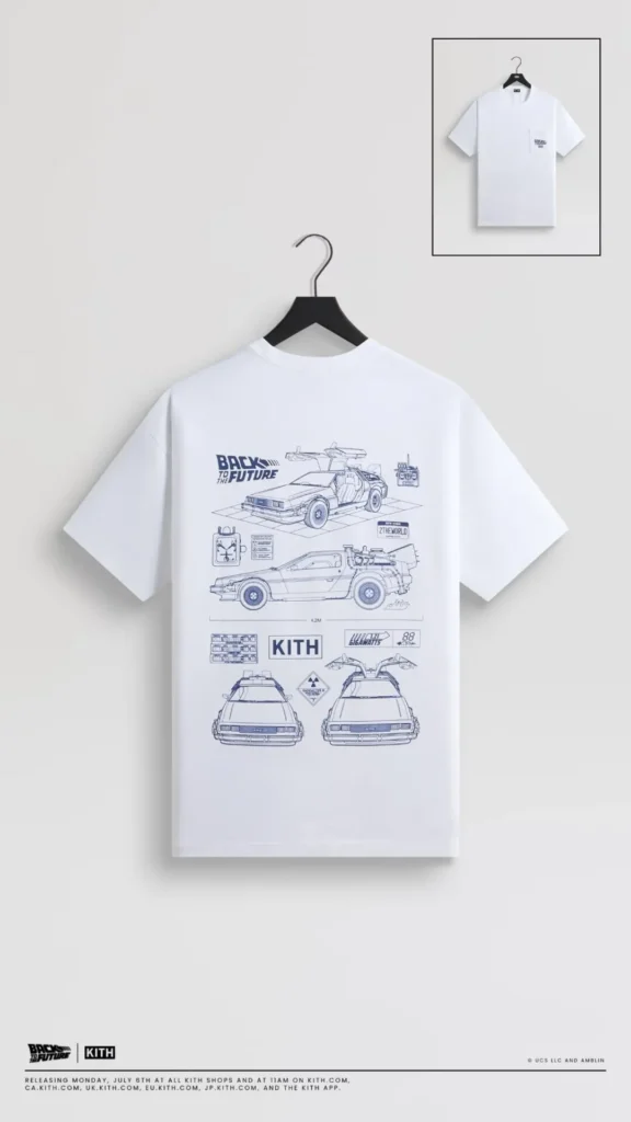 White Kith Tee featuring blueprint-style illustrations of the DeLorean time machine with technical drawings and Back to the Future branding on the back