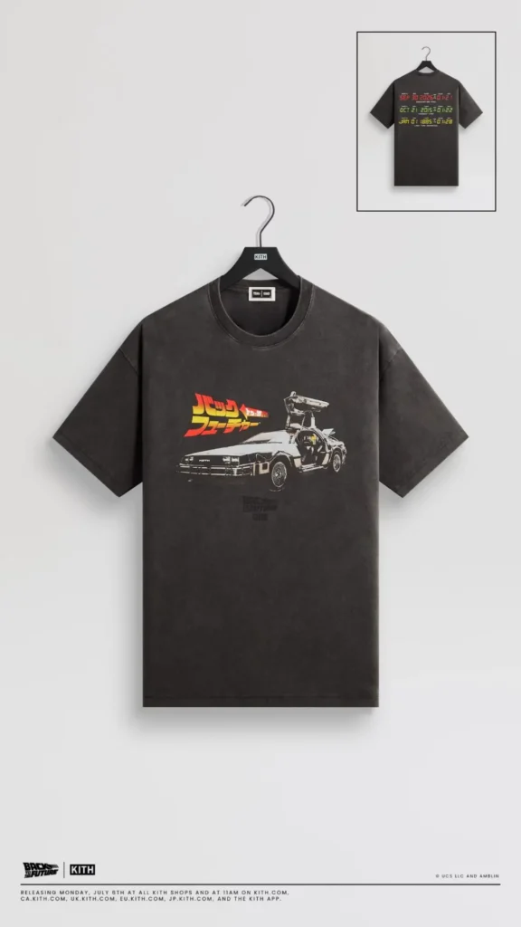 Vintage black Kith Tee featuring the glowing front view of the DeLorean surrounded by blue electrical energy with Back to the Future brand