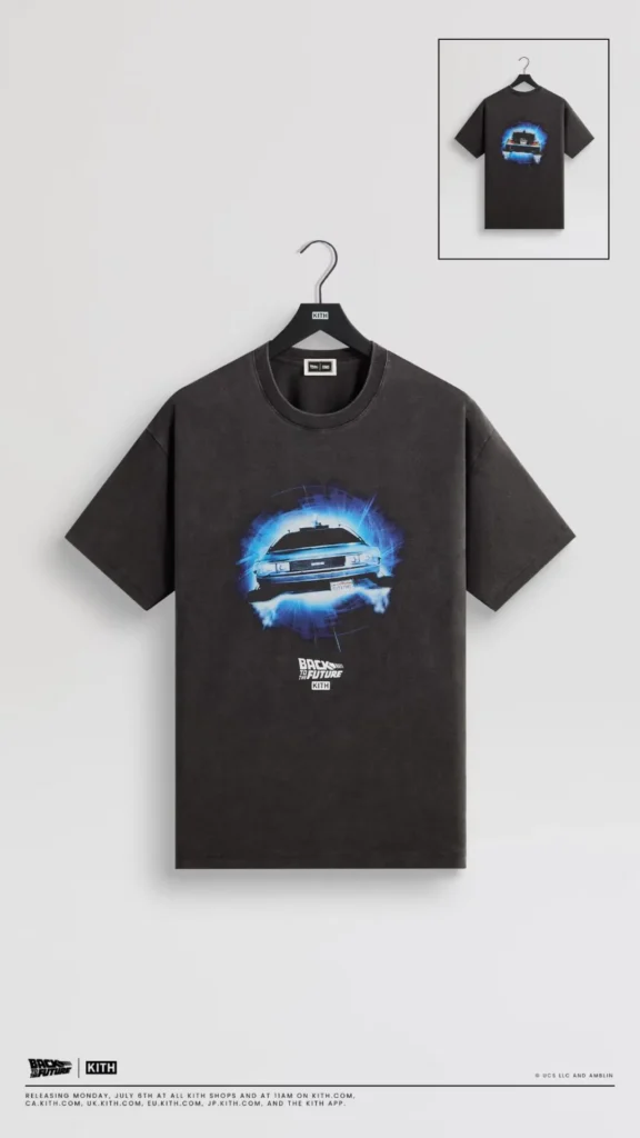 Vintage black Kith T-shirt featuring the glowing front view of the DeLorean surrounded by blue electrical energy with Back to the Future brand