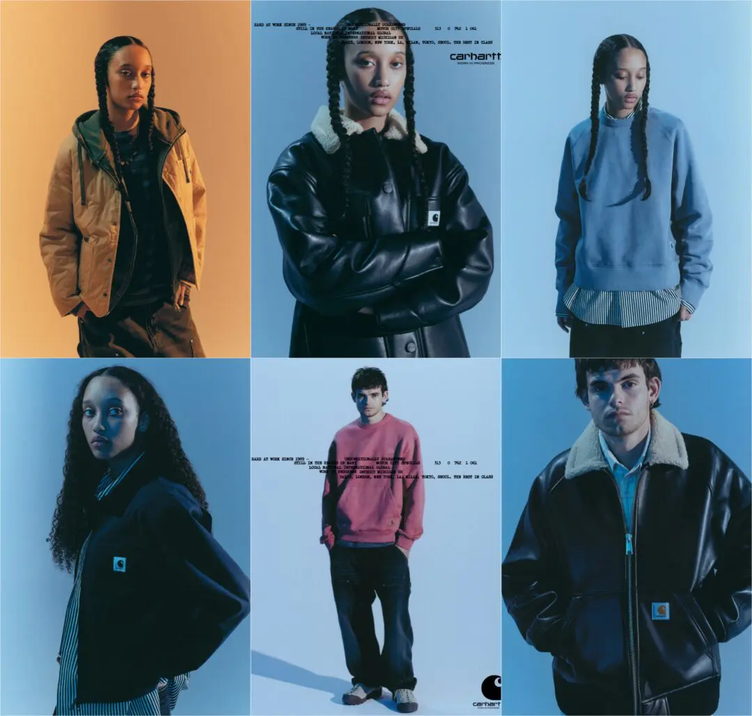 Collage showcasing Carhartt WIP Fall/Winter collection featuring multiple models in workwear-inspired outerwear, leather jackets, sweatshirts, and everyday essentials styled in minimalist studio portraits with blue and warm-toned lighting.