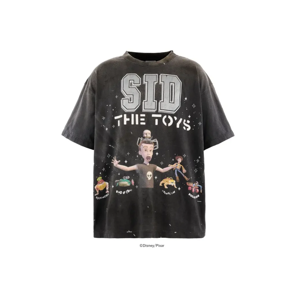Clean front product shot of the oversized faded charcoal "Sid the Toys" graphic Tee isolated against a white background