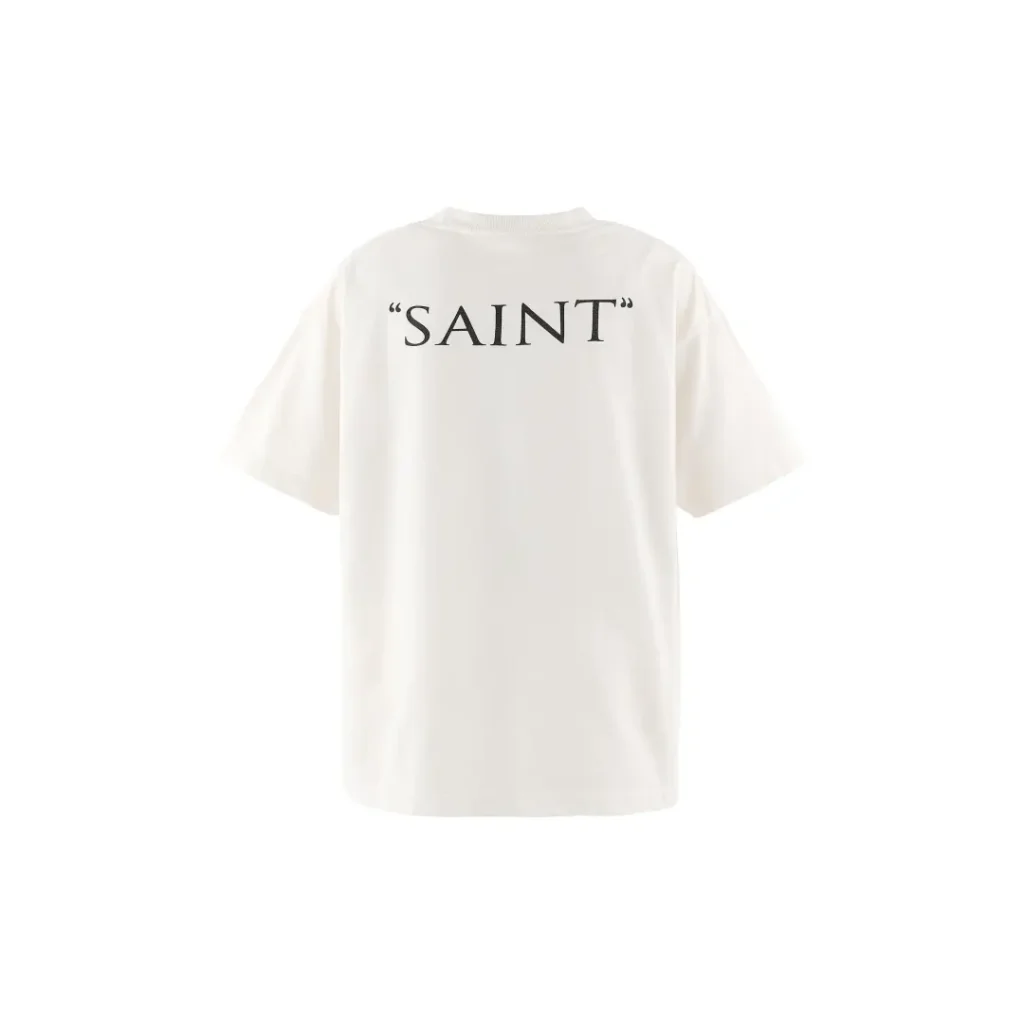 Rear product view of the oversized white Tee with minimalist black "SAINT" typography printed across the upper back, presented against a clean white background