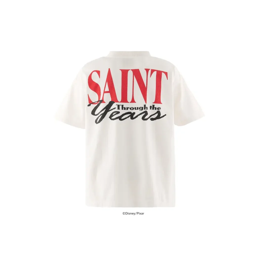 Rear product view of the white oversized Tee displaying an oversized red and black "Saint Through the Years" graphic across the back on a clean white background