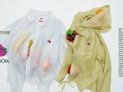 FREAK'S STORE × Fruit of the Loom campaign featuring a white striped button-up shirt and a pale yellow hooded overshirt embroidered with the classic fruit logo, styled with fresh fruit tucked inside the garment