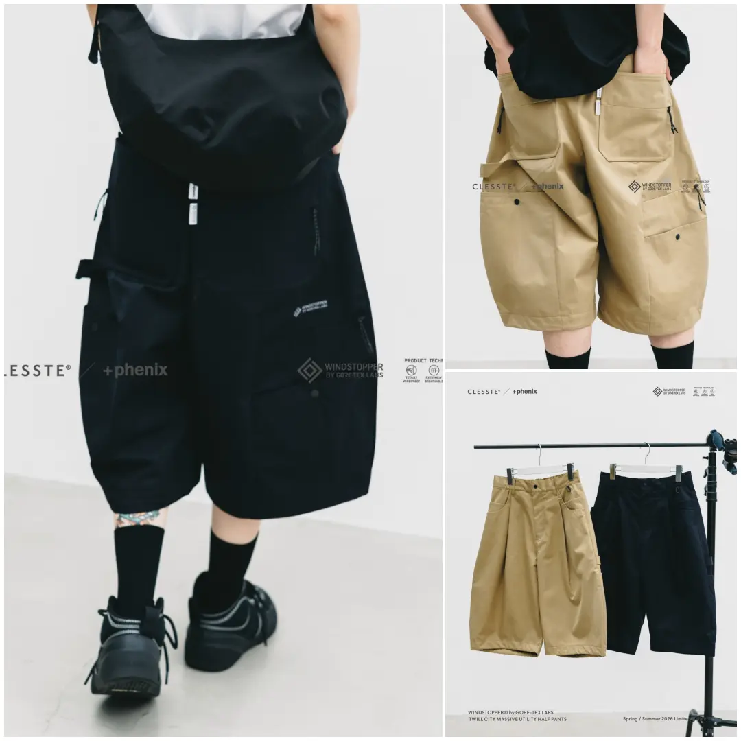 Collage showcasing the CLESSTE × +phenix TWILL CITY MASSIVE UTILITY HALF PANTS in black and khaki, featuring oversized balloon-cut silhouettes, utility cargo pockets, WINDSTOPPER by GORE-TEX LABS twill construction, and a matching crossbody bag displayed alongside the Spring/Summer 2026 collection.